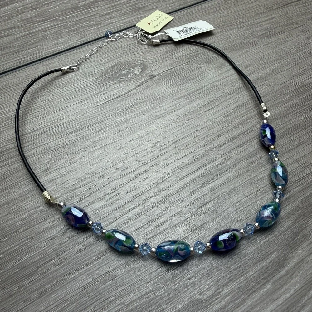 Macy's Sterling Silver Blue Green Glass Bead Black Cord Choker Necklace New